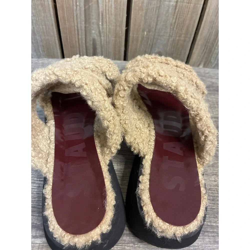 Staud Shearling Platform Slides Tan Cream Double Strap Sandals Size 39